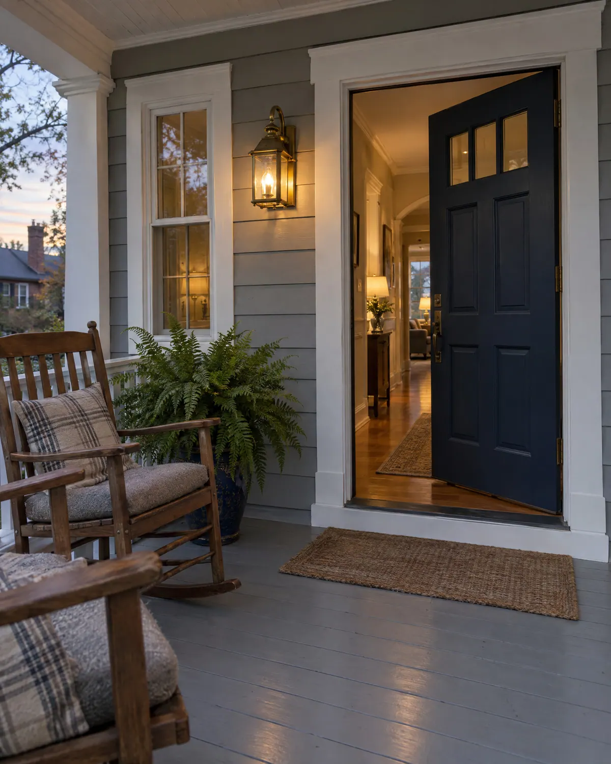 Covered porch at dusk with rocking chairs, a lit lantern and a navy front door standing open