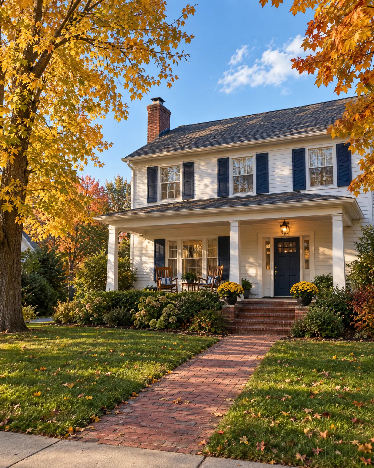 White colonial home with a covered porch and rocking chairs under autumn maples