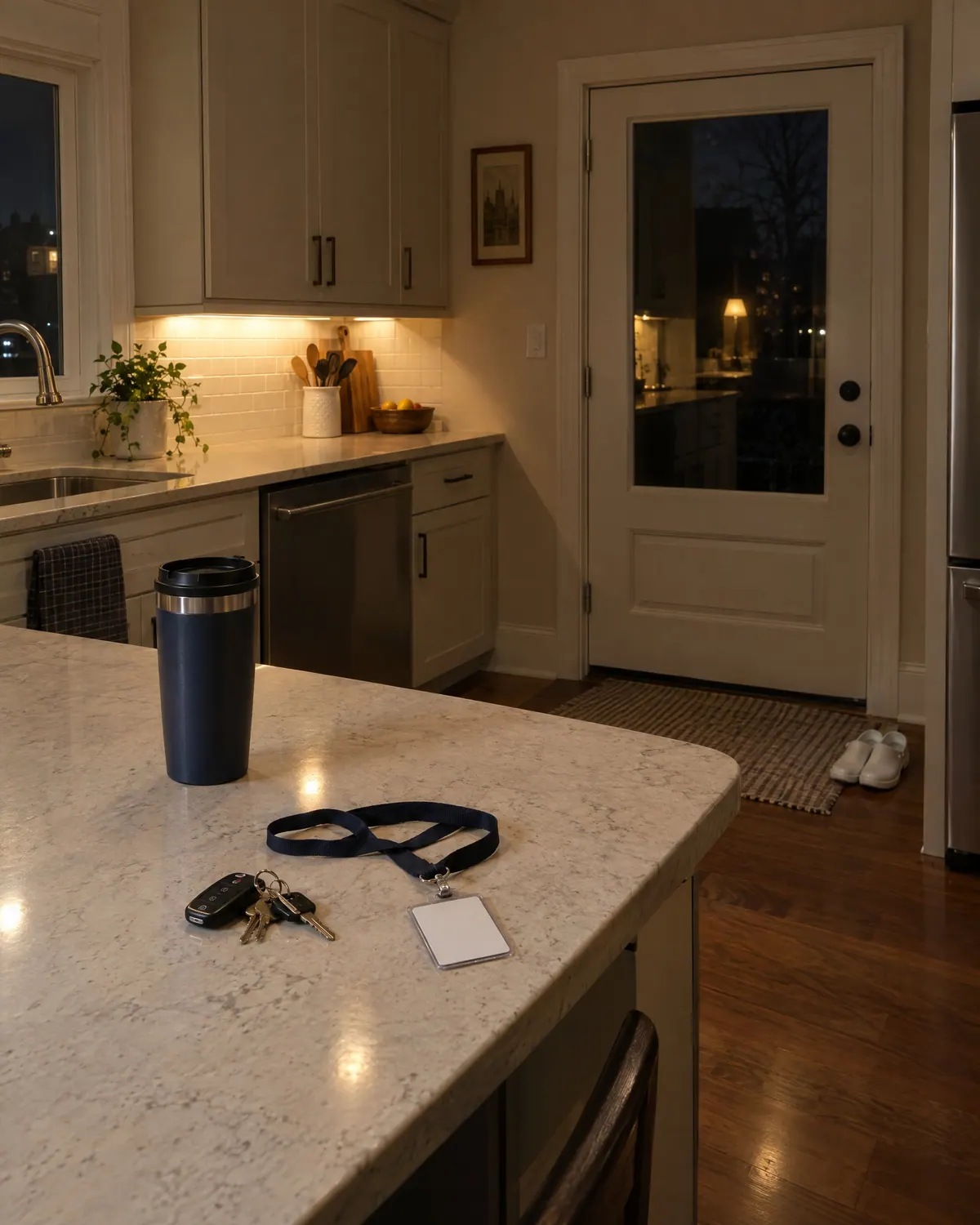 Kitchen at night with car keys, an ID badge lanyard and a travel mug on the counter and white clogs by the back door